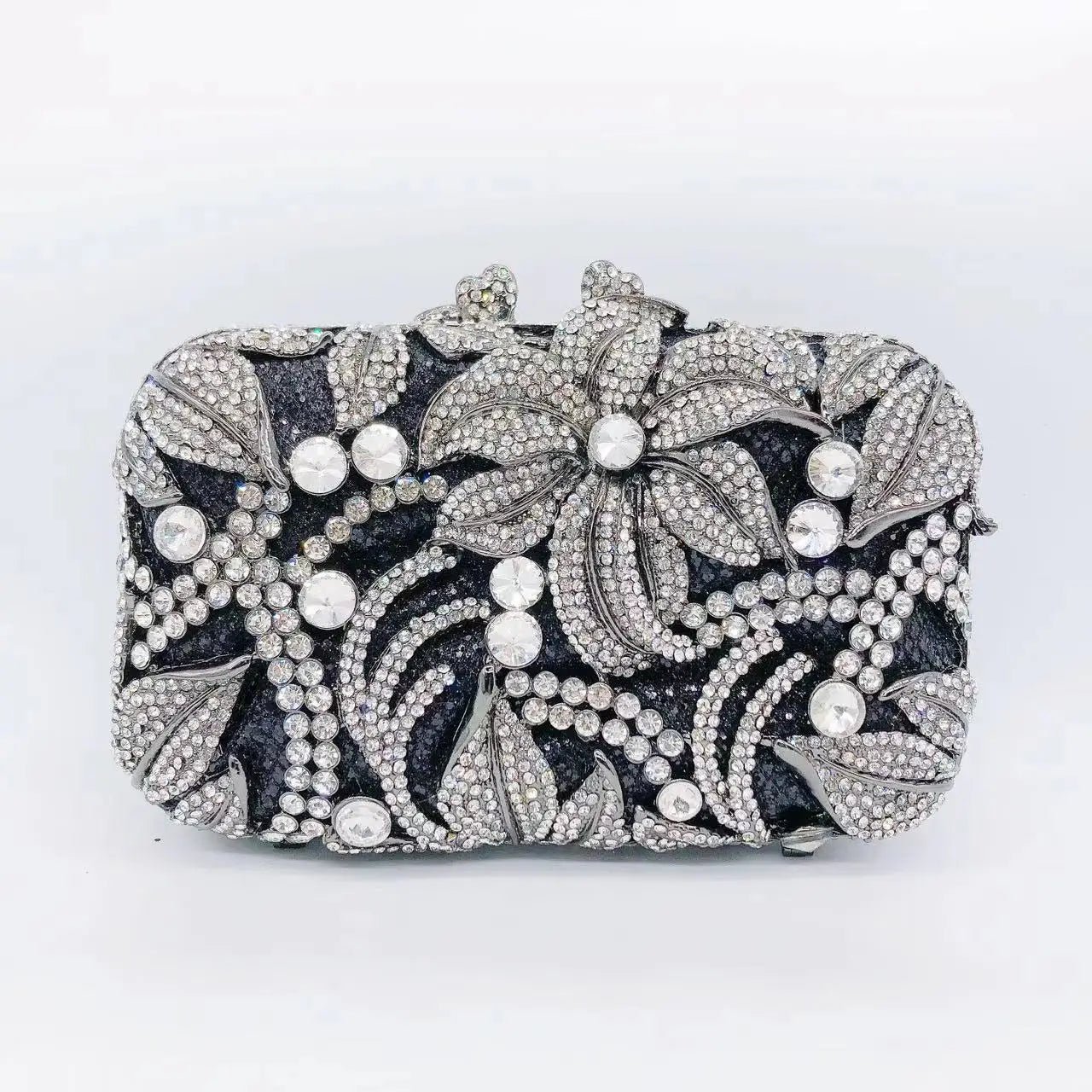Clutch Tas met Floral Zwart-Wit Patroon en Steentjes – Luxe Avondtas