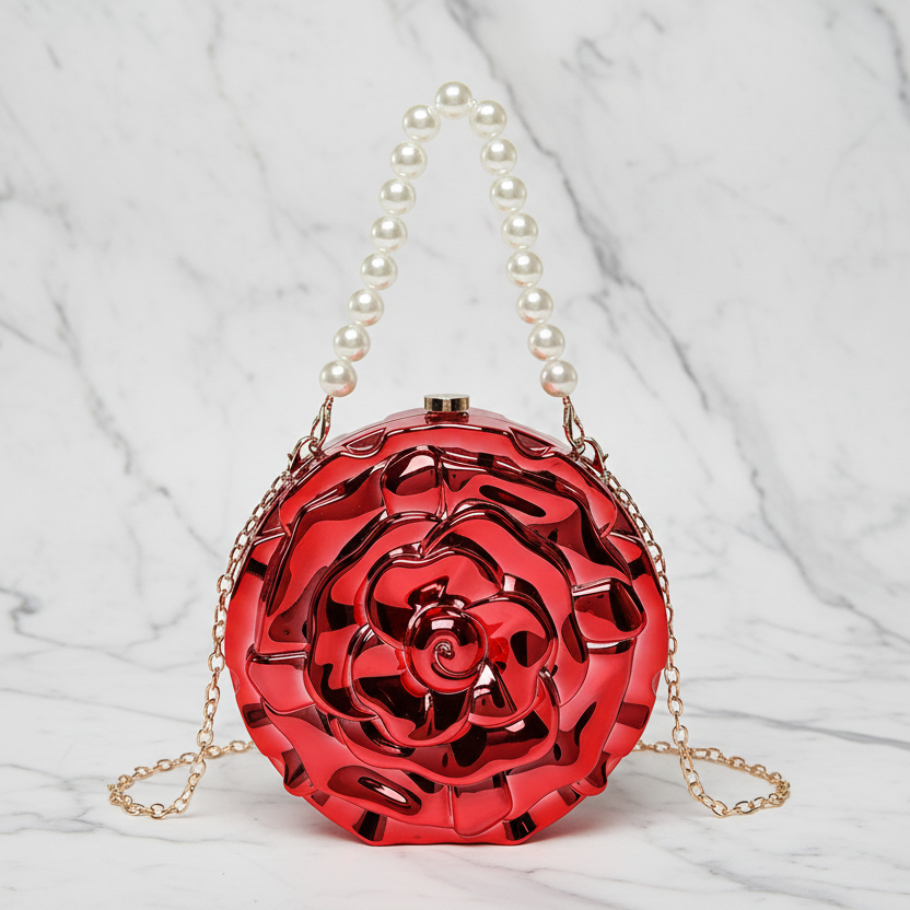 Ronde Clutch Tas Roos Design Luxe Statement Avondtas met Ketting(6 kleuren beschikbaar)