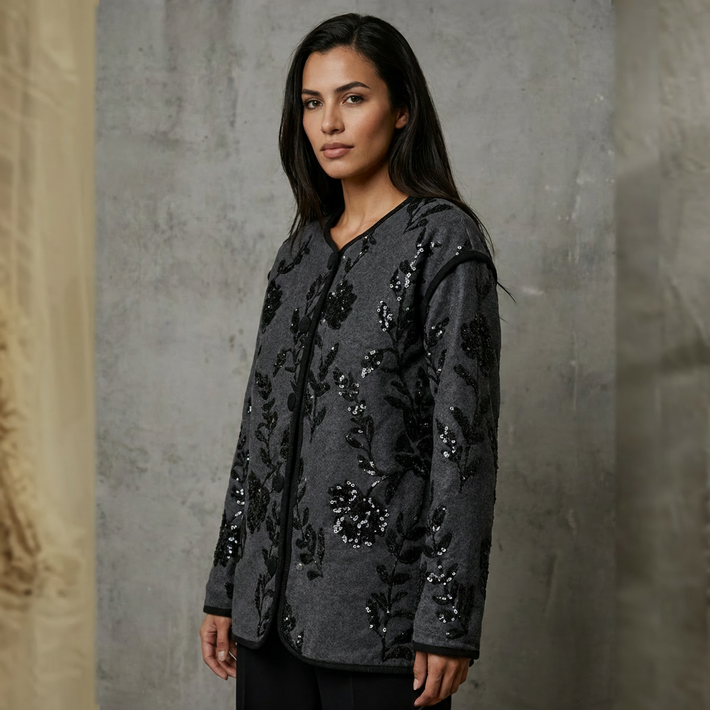 Denimjacket — Zwart Denim Jacket met Sequin Bloemenapplicaties