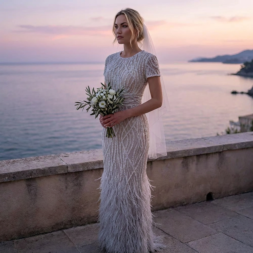 Luxe Maxi Jurk met Veren White Summer Touch