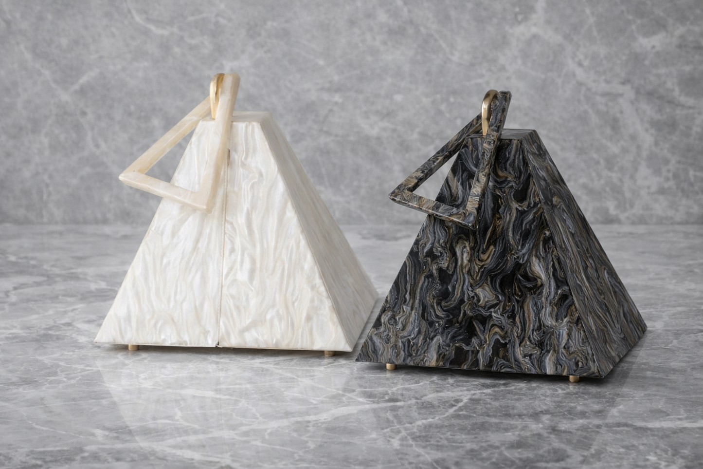 Geometrische Box Tas – Design Clutch met Marmer Look Dames Crème / Zwart