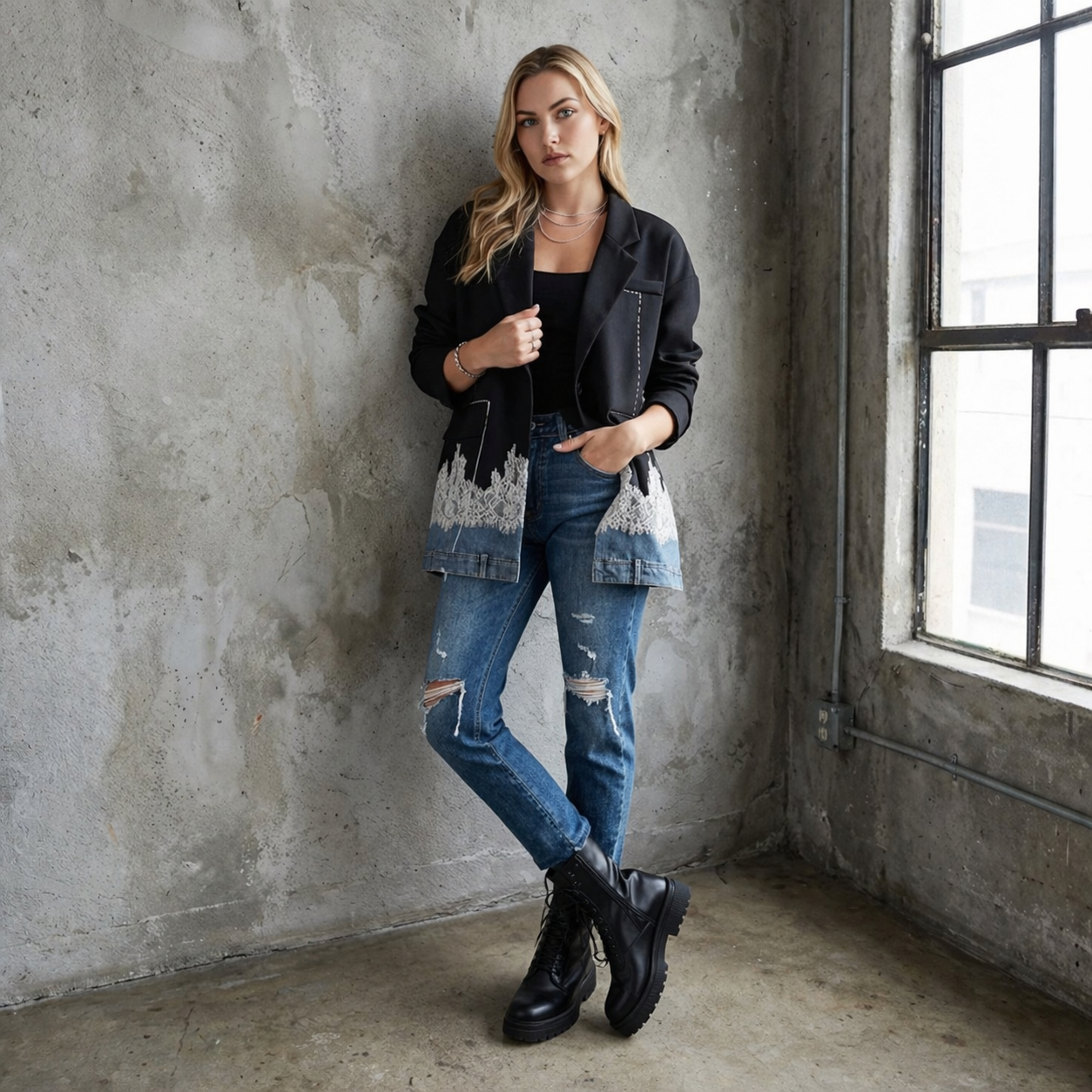 Denimjacket — Patchwork Denim Blazer met Kantdetails