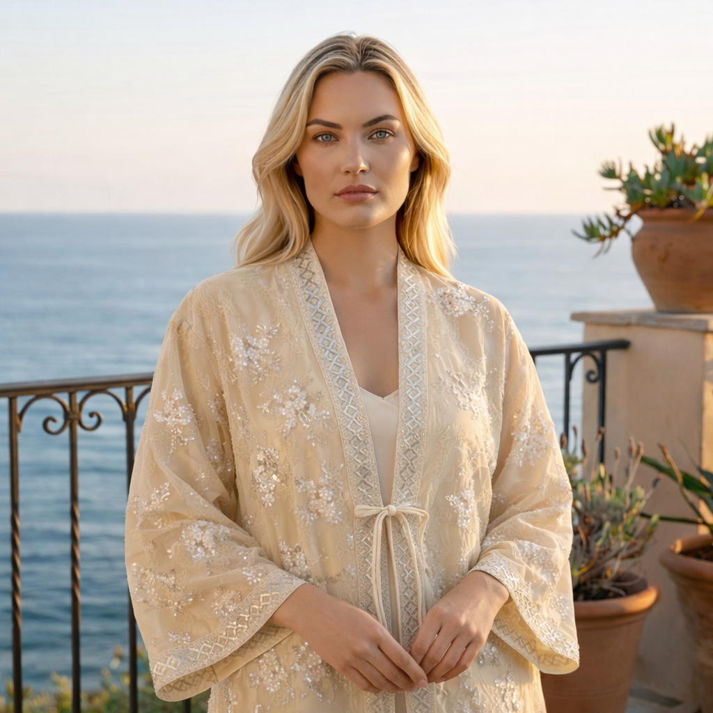 Kimono Blouse met Kralenborduurwerk in Zilvertinten Riviera Chic