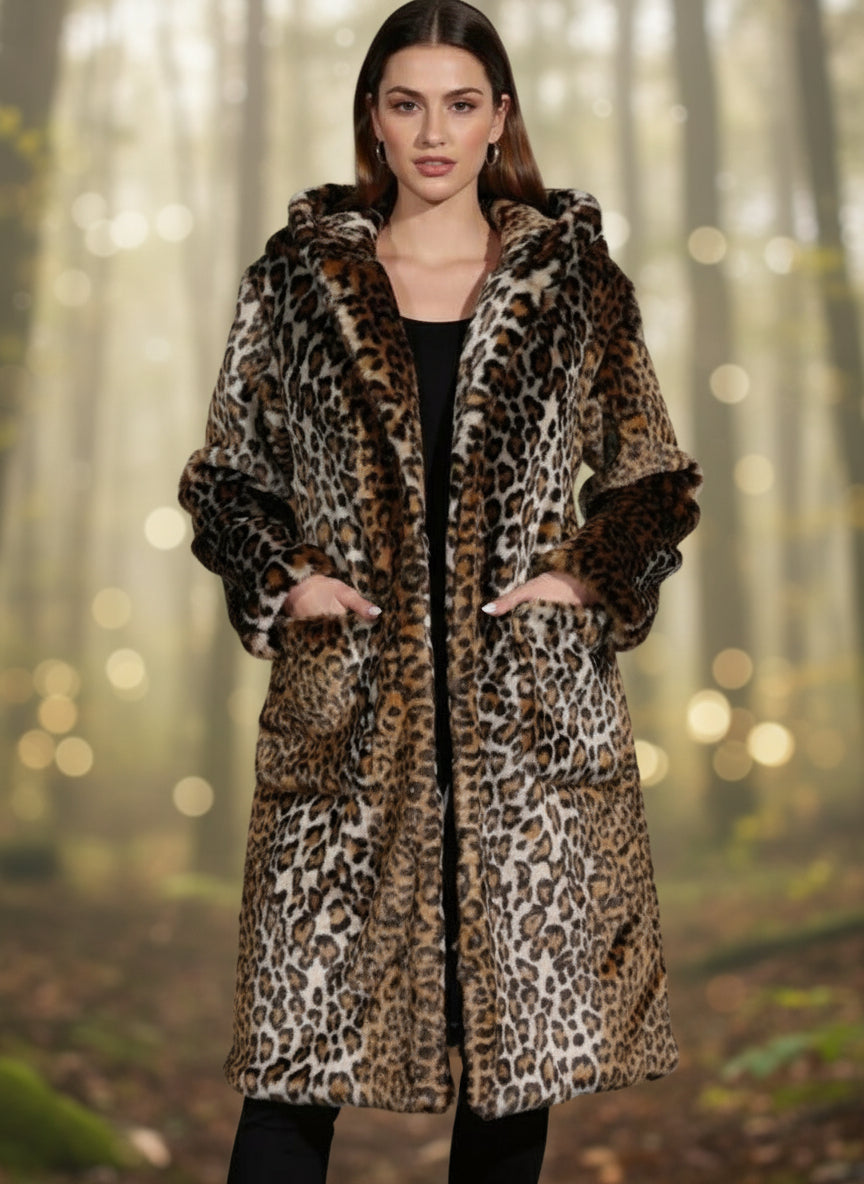 Lange Leopard Faux Fur Jas met Capuchon Soft Savage