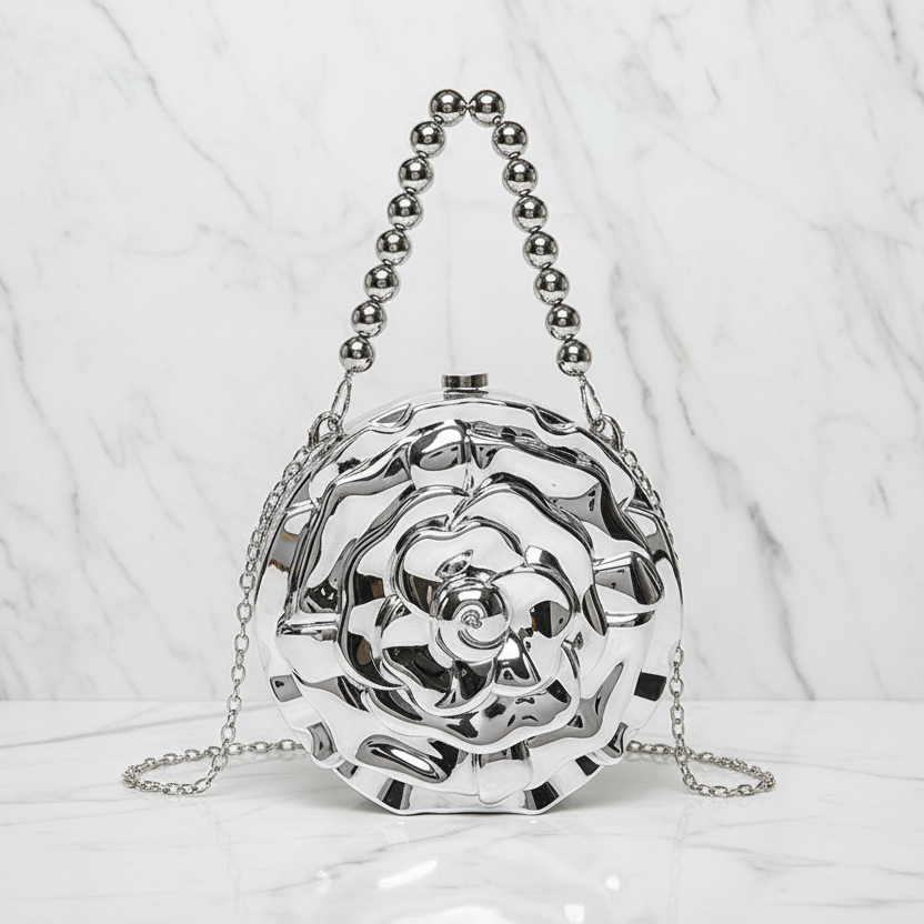 Ronde Clutch Tas Roos Design Luxe Statement Avondtas met Ketting(6 kleuren beschikbaar)