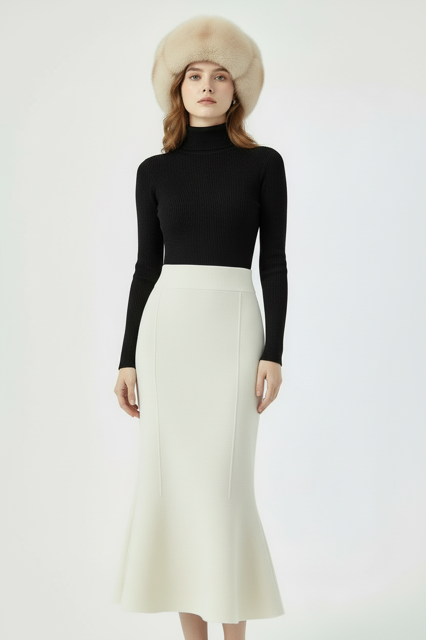 Stretch Gebreide Rok in Zwart en Crème Soft Line