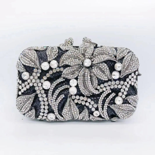 Clutch Tas met Floral Zwart-Wit Patroon en Steentjes – Luxe Avondtas