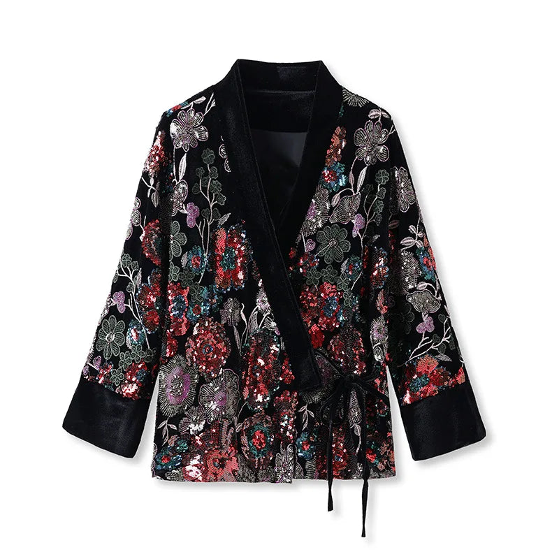 Kimono Geborduurde Velours Wikkeljas met Pailletten Midnight Garden