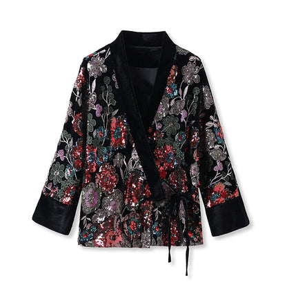 Kimono Geborduurde Velours Wikkeljas met Pailletten Midnight Garden
