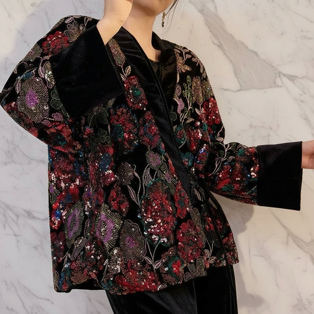 Kimono Geborduurde Velours Wikkeljas met Pailletten Midnight Garden