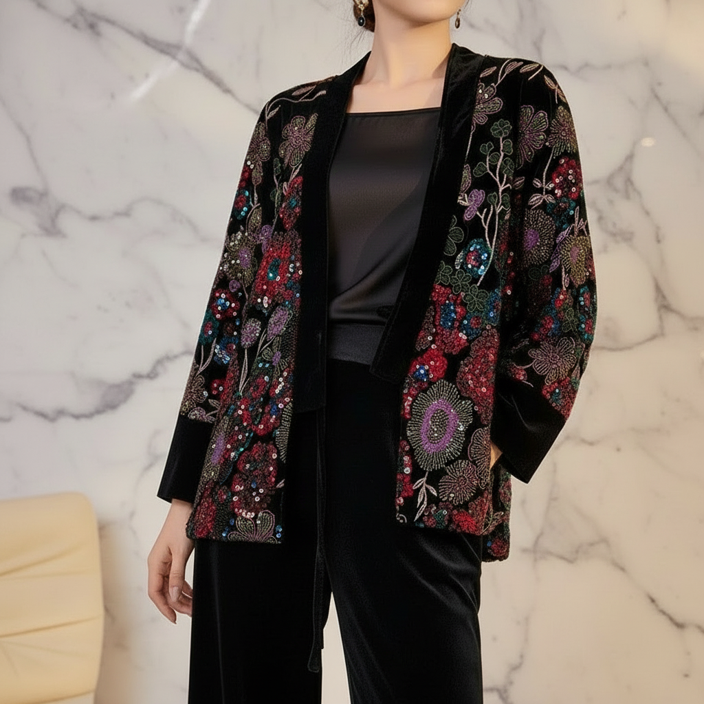 Kimono Geborduurde Velours Wikkeljas met Pailletten Midnight Garden