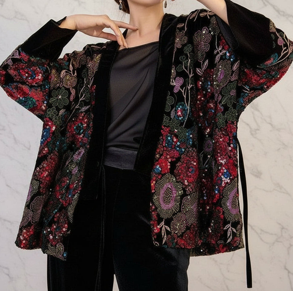 Kimono Geborduurde Velours Wikkeljas met Pailletten Midnight Garden