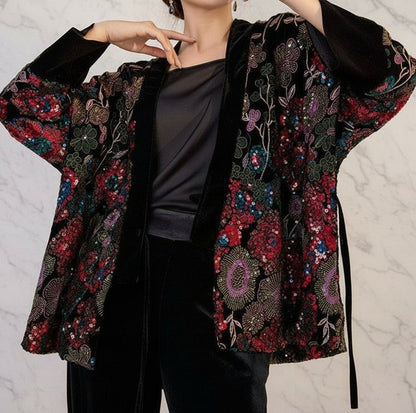 Kimono Geborduurde Velours Wikkeljas met Pailletten Midnight Garden
