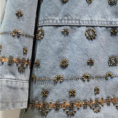 Denimjacket – Washed Spijkerjas met Zonnig Fijn Kralenborduurwerk