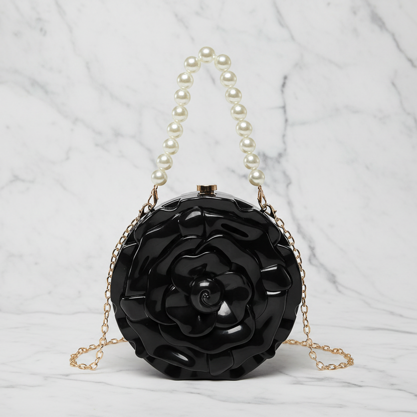 Ronde Clutch Tas Roos Design Luxe Statement Avondtas met Ketting(6 kleuren beschikbaar)