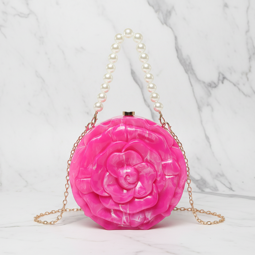 Ronde Clutch Tas Roos Design Luxe Statement Avondtas met Ketting(6 kleuren beschikbaar)
