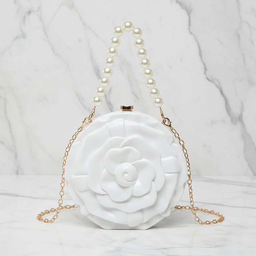Ronde Clutch Tas Roos Design Luxe Statement Avondtas met Ketting(6 kleuren beschikbaar)