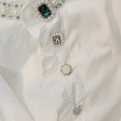 Élégance Royal Blouse met Parel Kraag, Ruffles & Statement Detail Knopen