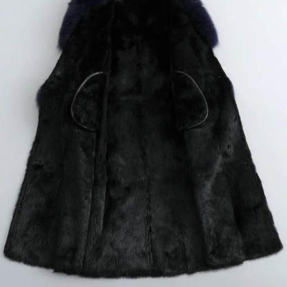 Luxe Lange Winterjas Dames met Zwarte Bontkraag en Stud Details