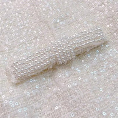 Mini Jurk Off-White Bouclé-Pailletten met Parelstrikken