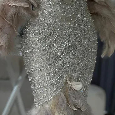 Luxe Maxi Jurk met Veren Beige en Embellished Details Gala Touch
