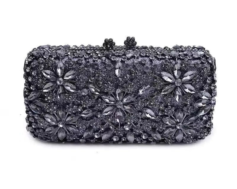 Clutch Gunmetal Luxe Avondtas met Bloem Design en Stenen