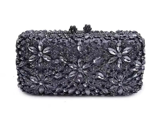 Clutch Gunmetal Luxe Avondtas met Bloem Design en Stenen