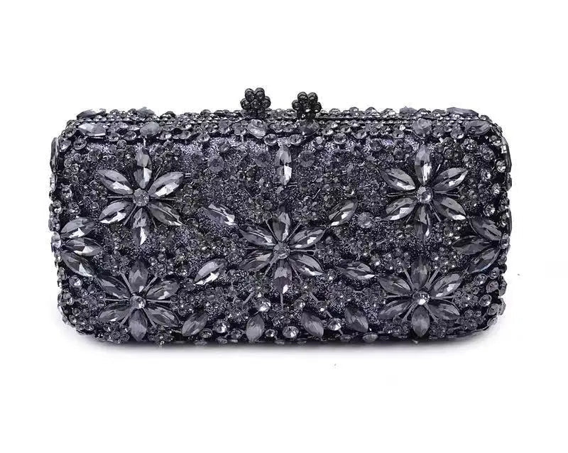 Clutch Gunmetal Luxe Avondtas met Bloem Design en Stenen