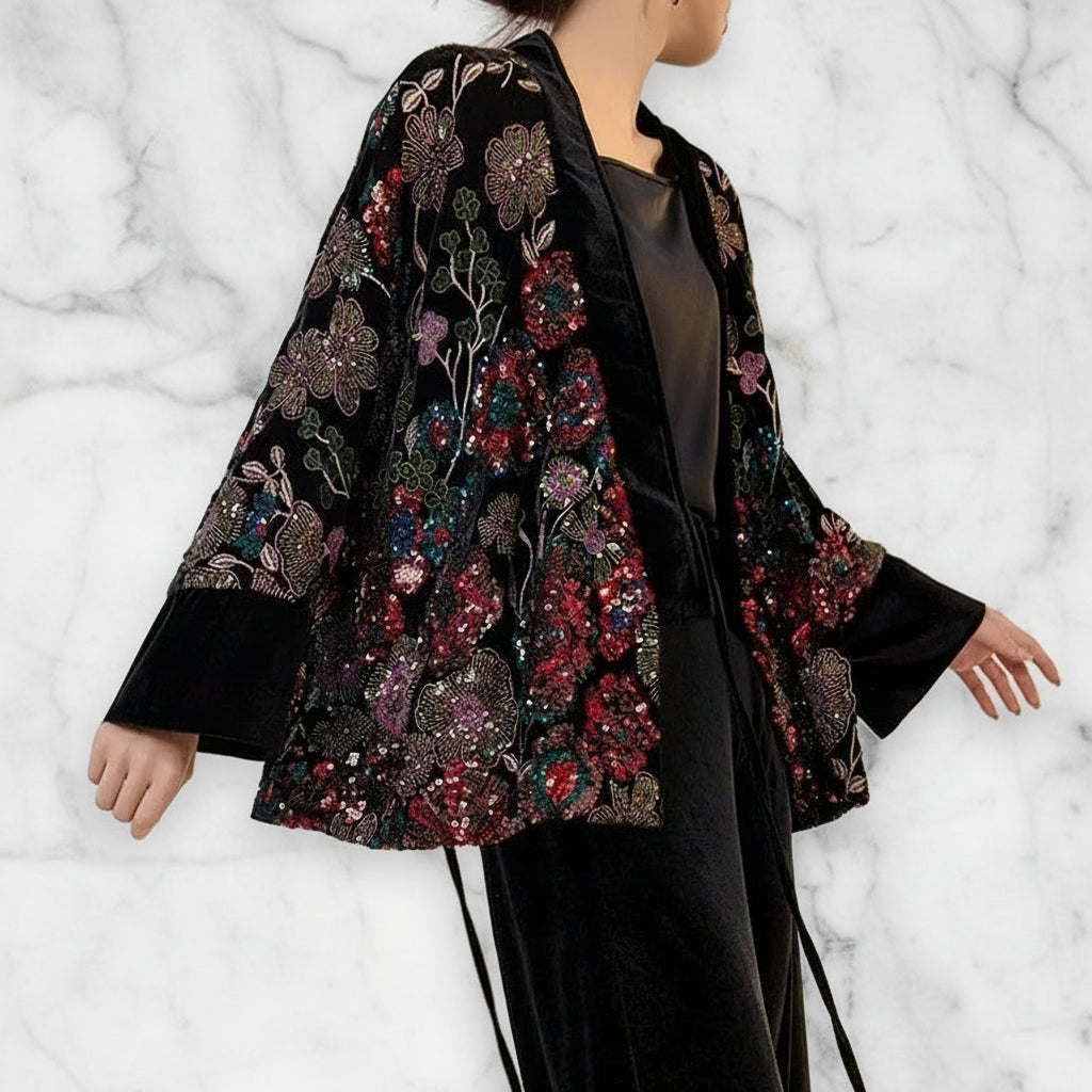Kimono Geborduurde Velours Wikkeljas met Pailletten Midnight Garden