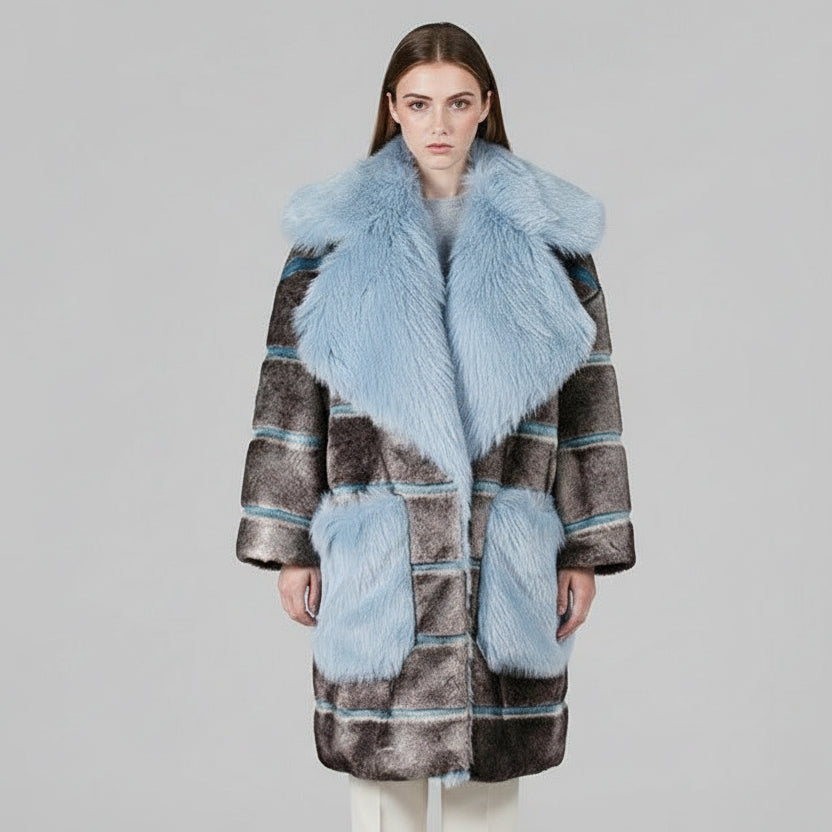 Faux Fur Mantel Contrastlook Blue Mirage