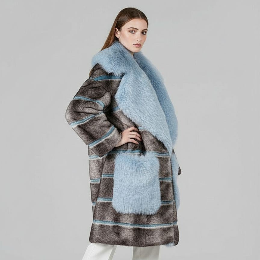 Faux Fur Mantel Contrastlook Blue Mirage