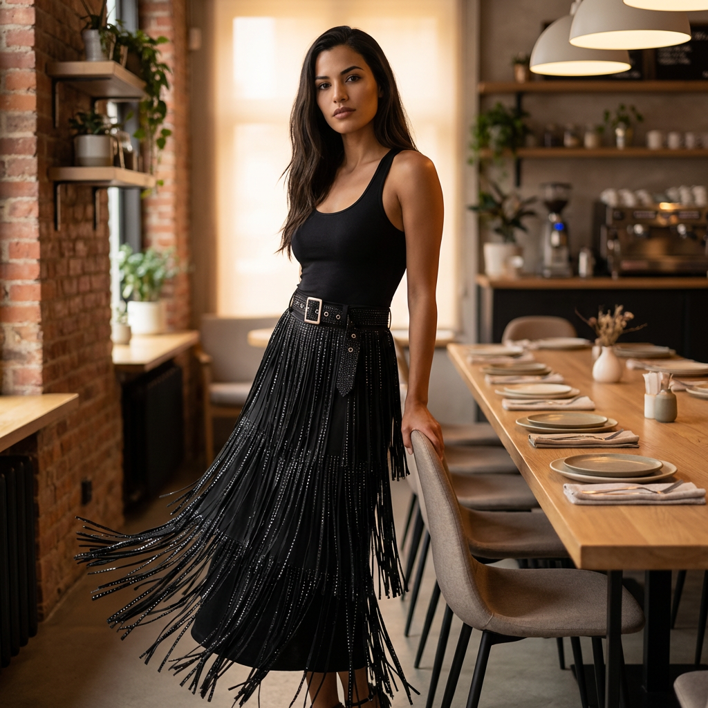 Fringe Strass Midi Rok met Ceintuur