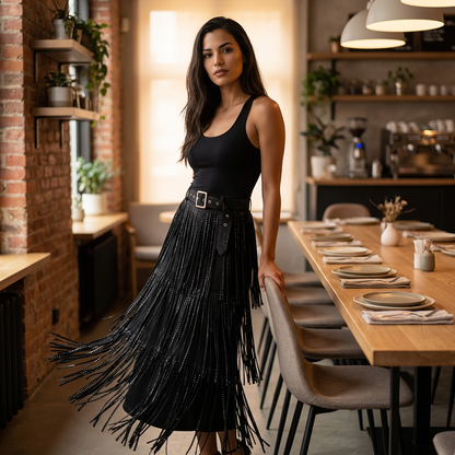 Fringe Strass Midi Rok met Ceintuur