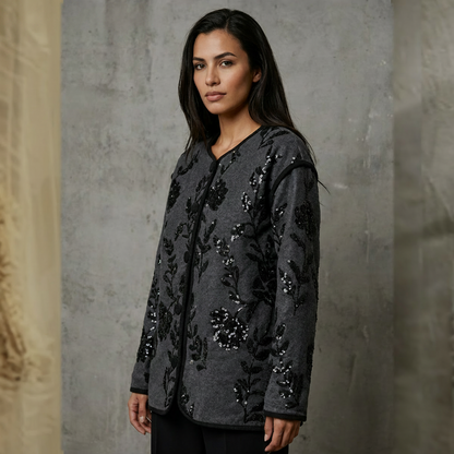 Denimjacket — Zwart Denim Jacket met Sequin Bloemenapplicaties