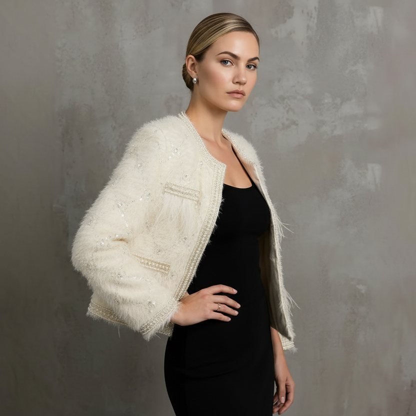 Fur & Feathers Embellished Jacket met Bouclé-Bontlook & Veren