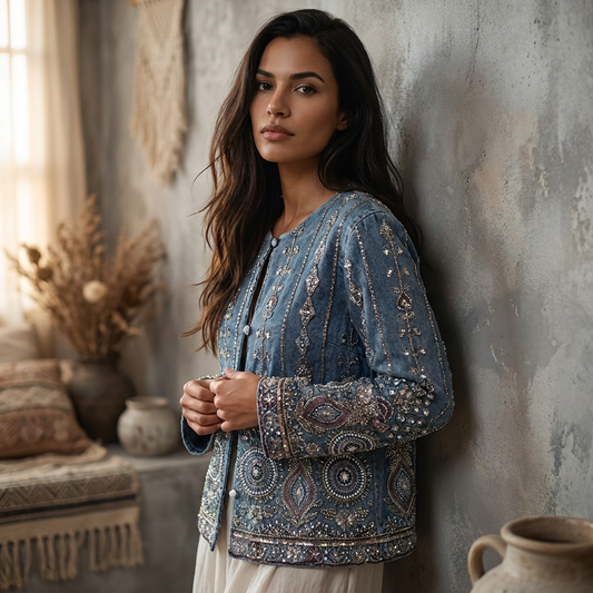 Denimjacket — Bohemian Denim Jacket met Luxe Kralenborduursels
