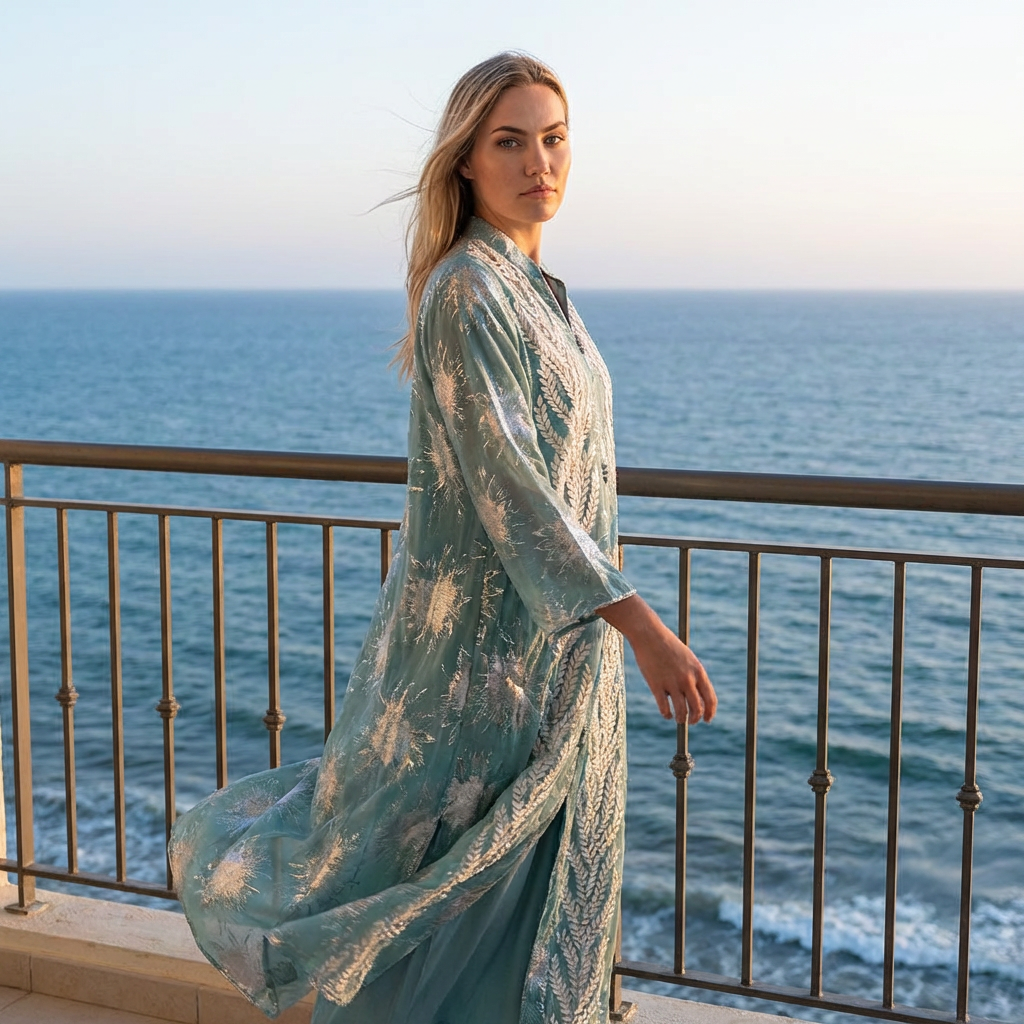 Côte Kaftan Luchtige Strandjurk met 3D Applicatie en Glansdetails
