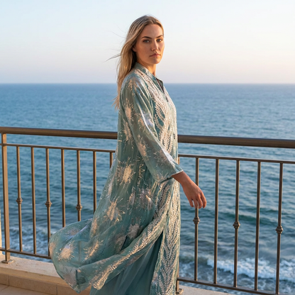Côte Kaftan Luchtige Strandjurk met 3D Applicatie en Glansdetails