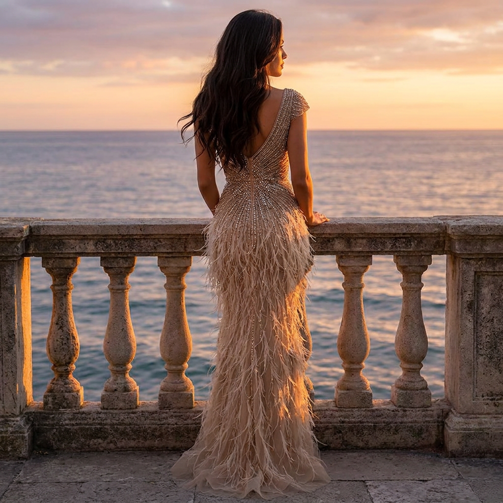 Luxe Maxi Jurk met Veren Champagne Touch of Elegance