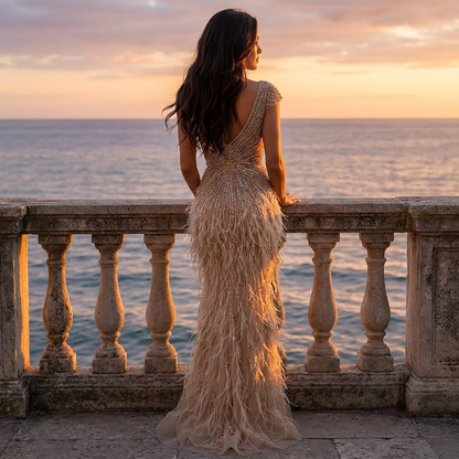 Luxe Maxi Jurk met Veren Champagne Touch of Elegance