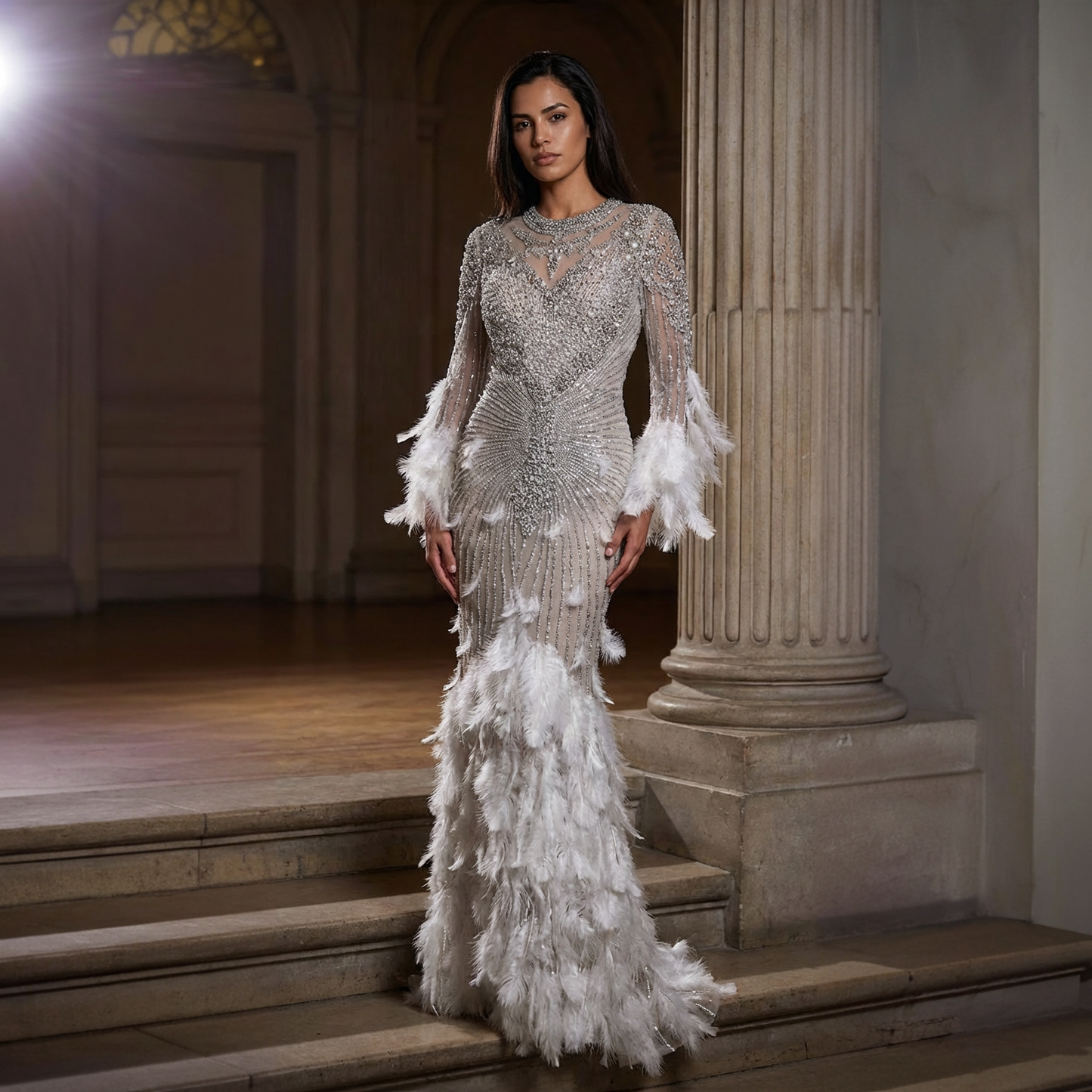 Luxe Maxi Jurk met Veren White en Embellished Details Bridal Touch