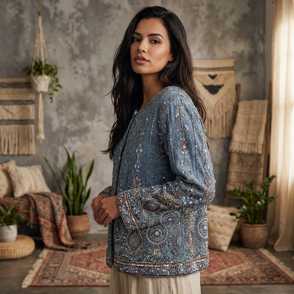 Denimjacket — Bohemian Denim Jacket met Luxe Kralenborduursels