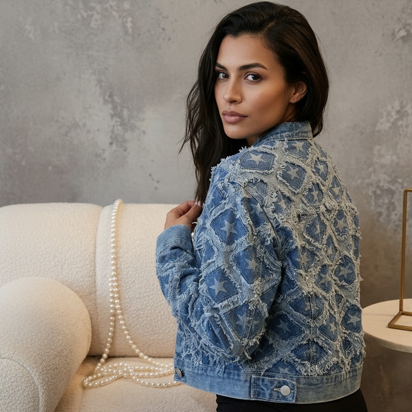 Denimjacket — Spijkerjack met Sterrenpatchwork en Ruffle Details