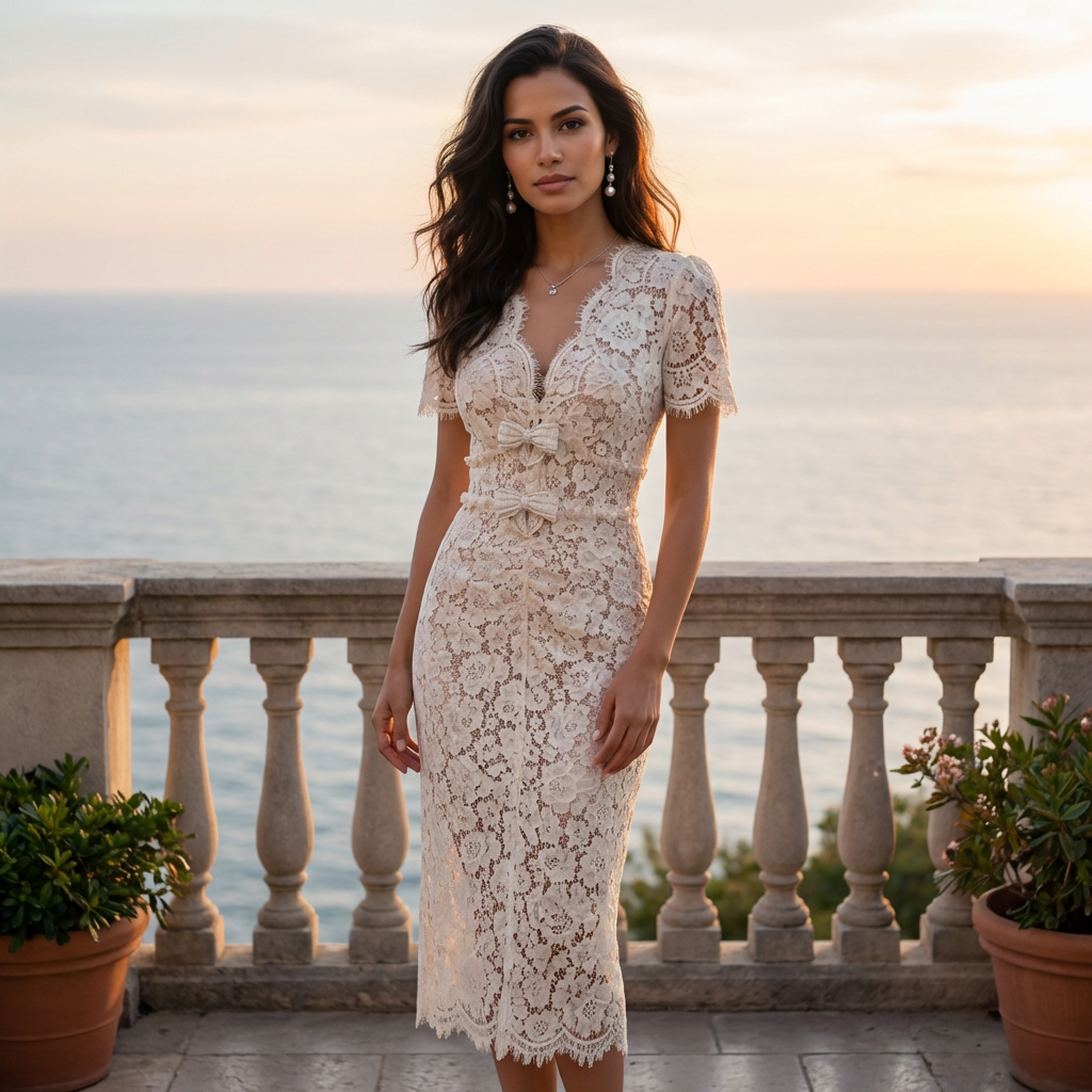 Kant Midi Jurk met Parel-en Strikdetails