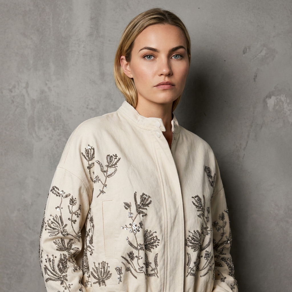 Denimjacket — Luxe Bomber Jacket met Geborduurde Bloemen en Pailletten
