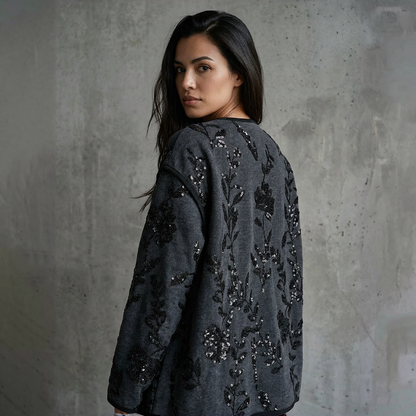 Denimjacket — Zwart Denim Jacket met Sequin Bloemenapplicaties