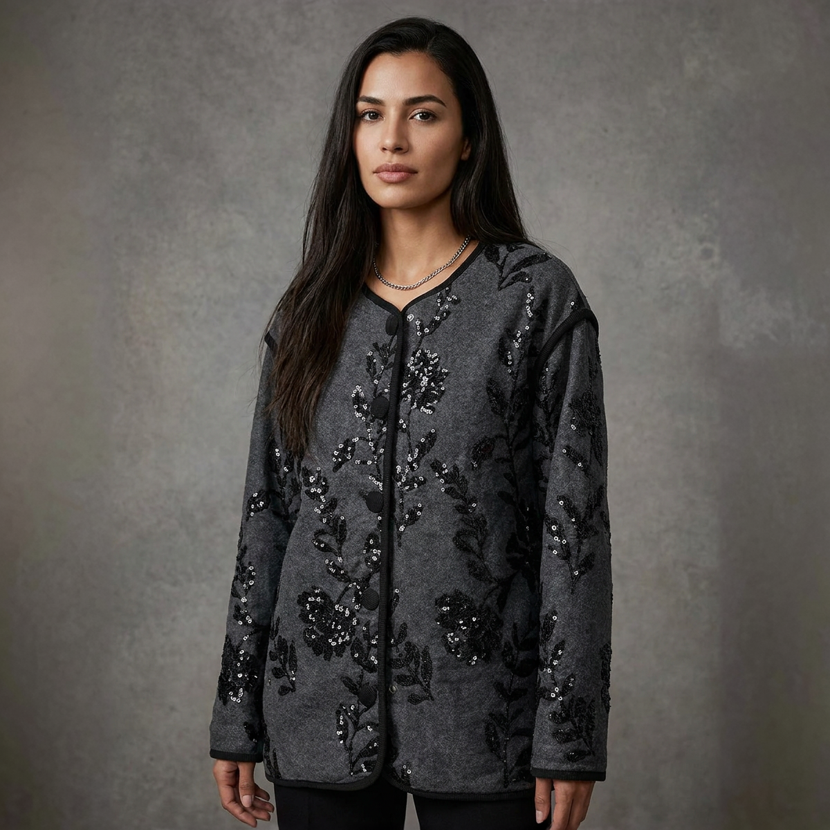 Denimjacket — Zwart Denim Jacket met Sequin Bloemenapplicaties