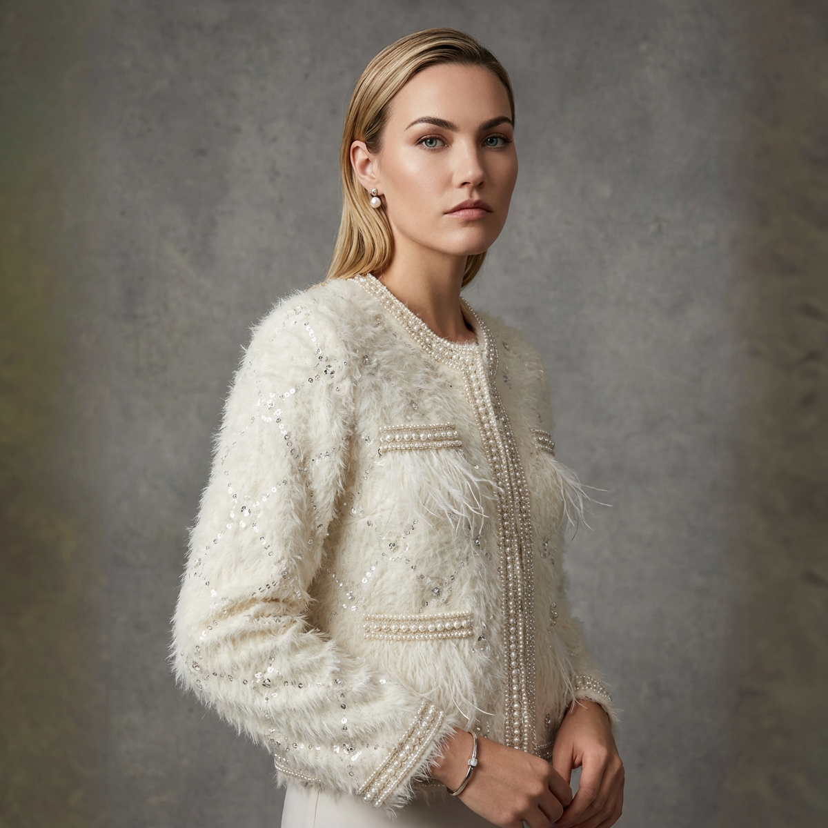 Fur & Feathers Embellished Jacket met Bouclé-Bontlook & Veren