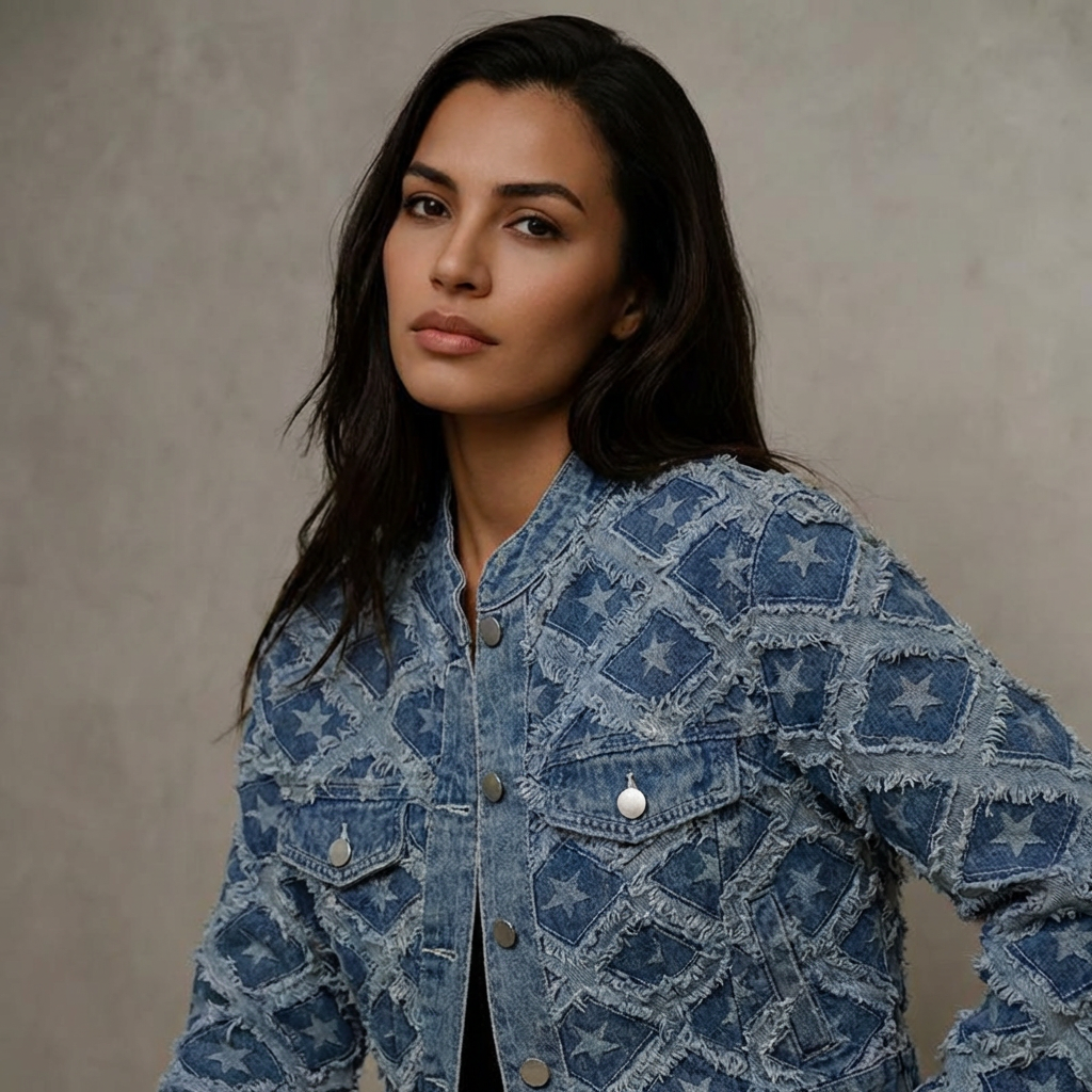 Denimjacket — Spijkerjack met Sterrenpatchwork en Ruffle Details