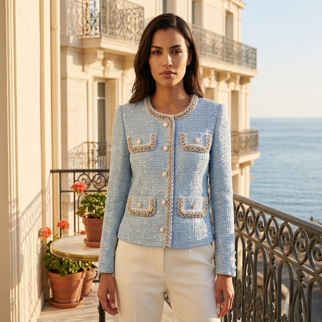 Jacket in Lichtblauw met Parel- en Pailletdetails